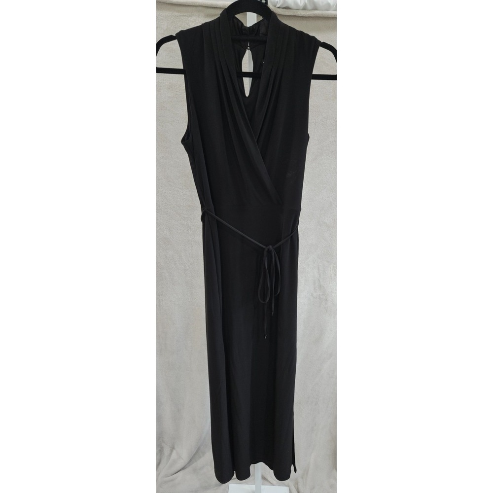 NWT WHBM Black Sleeveless Faux Wrap Maxi Dress Pleated Mock Neck Tie Waist Size8